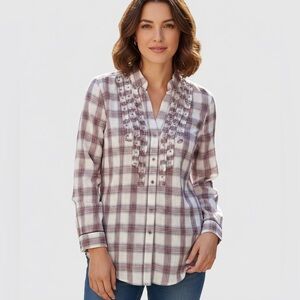 Hazel New Size L Plaid Shirt Ruffles Button Long Sleeve Cotton White Red Black